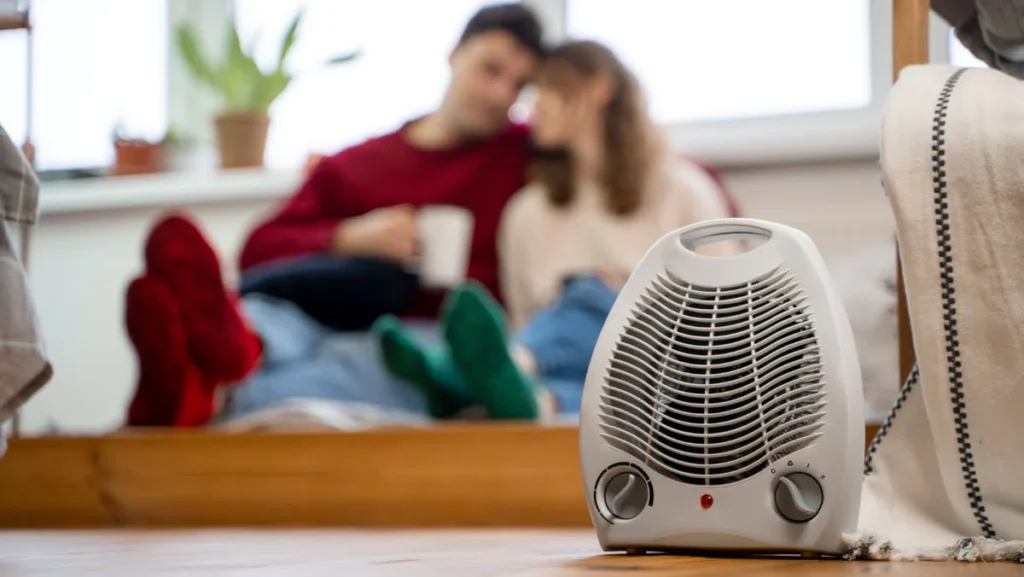 A white room heater with couples in background.