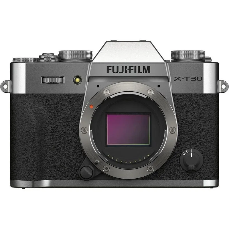 A silver & black dual tone Fujifilm X-T30 II mirrorless camera.