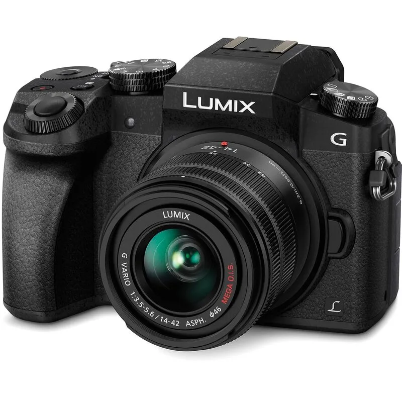 A black Panasonic Lumix G7 mirrorless camera with 14-42mm lens.