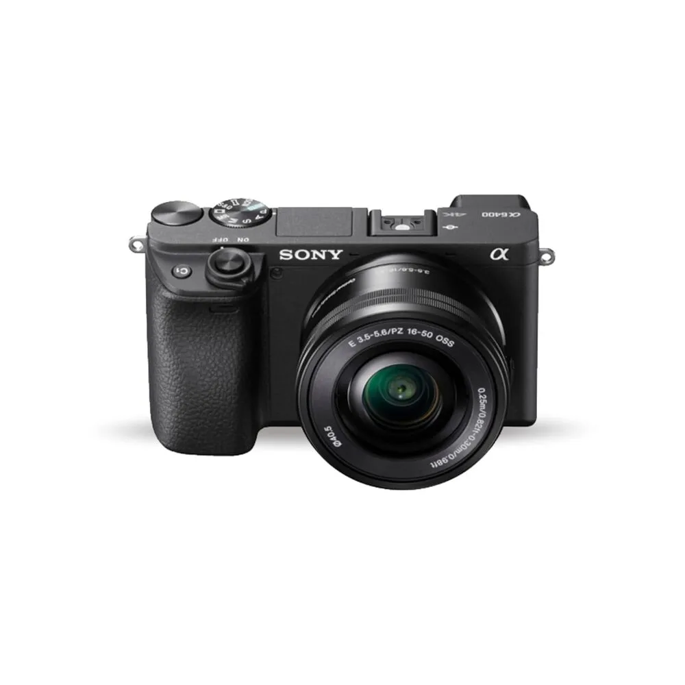 A black Sony Alpha a6400 mirrorless camera with 16-50mm lens.