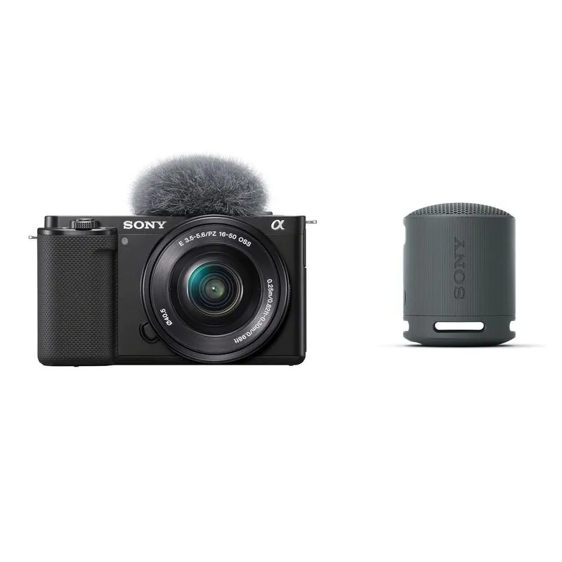 A black Sony ZV-E10 mirrorless camera with 16-50mm lens & dead cat mic along with Sony SRX Bluetooth speaker.