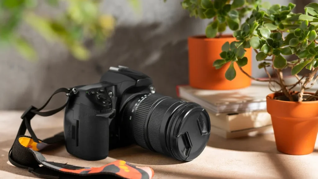 A black mirrorless camera with camo strap placed on table.